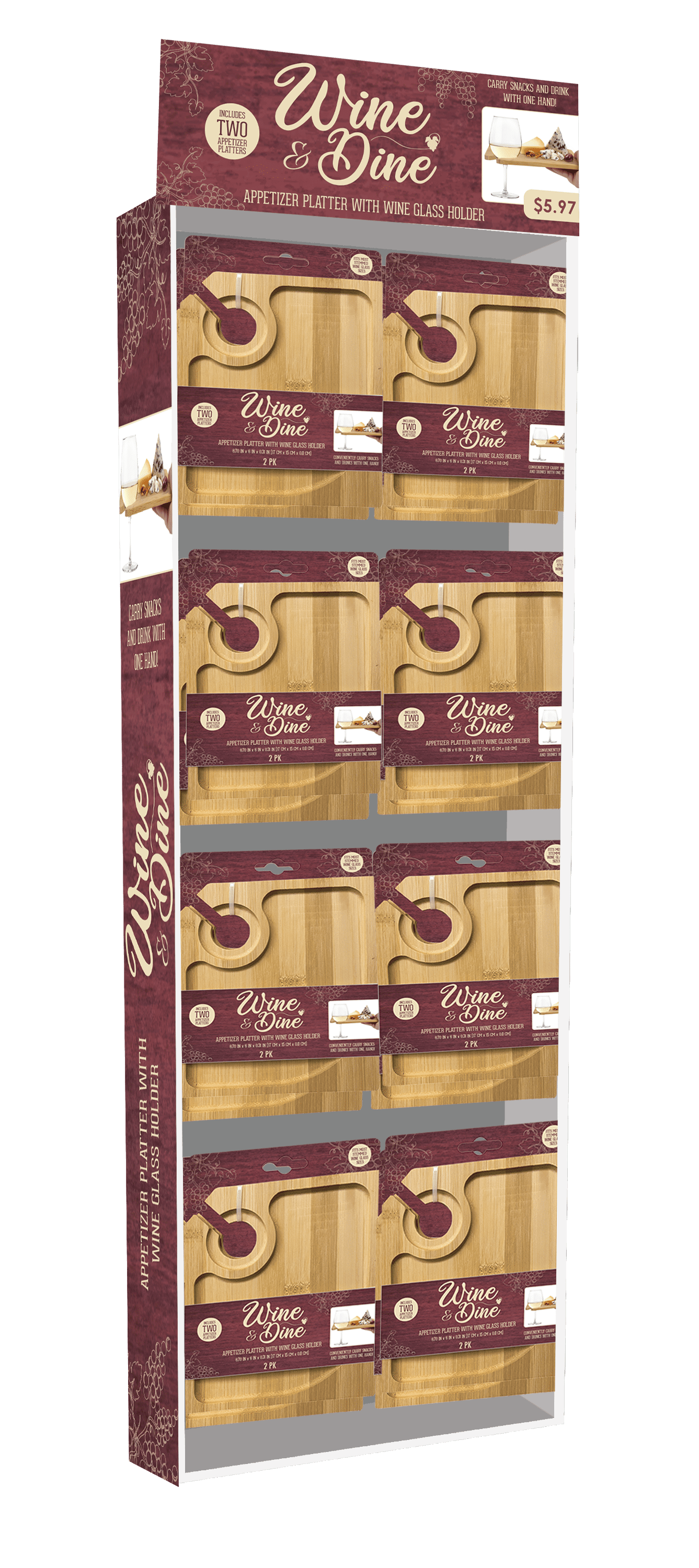 Wine & Dine Bamboo Appetizer Platter with wine glass holder 2 Pack. 5.9" x 7" each
