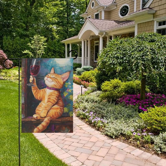 Wine Drinking Orange Cat Garden Flag 12x18 inch Double Sided Outside Yard Decorations for Home Outdoor