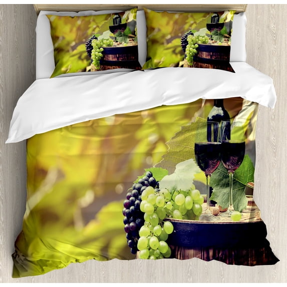 Wine Duvet Cover Set, Agriculture Country Theme Natural Landscape Product Alcoholic Drink Fruit, Decorative 3 Piece Bedding Set with 2 Pillow Shams, King Size, Pale Green Black Brown, by Ambesonne