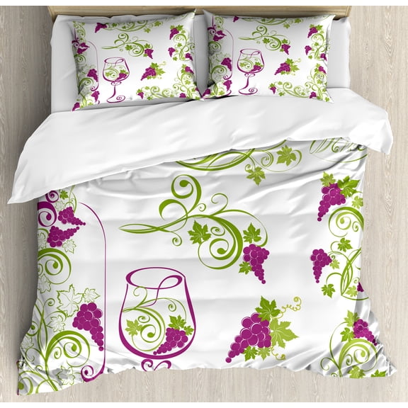 Wine Duvet Cover Set, Wine Bottle and Glass Grapevines Lettering with Swirled Branches Lines, Decorative 3 Piece Bedding Set with 2 Pillow Shams, Queen Size, Purple Lime Green White, by Ambesonne