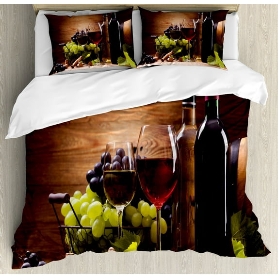 Wine Duvet Cover Set, Glasses of Red and White Drink Served Grapes French Gourmet Tasting, Decorative 3 Piece Bedding Set with 2 Pillow Shams, Calking Size, Brown Ruby Pale Green, by Ambesonne