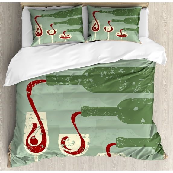 Wine Duvet Cover Set, Grungy Aged Display with Wine Pouring into Glasses Retro, Decorative 3 Piece Bedding Set with 2 Pillow Shams, King Size, Almond Green Olive Green, by Ambesonne