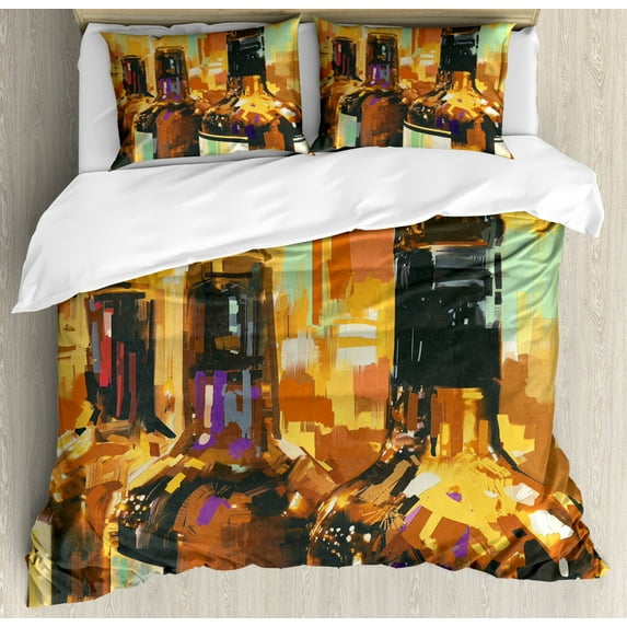 Wine Duvet Cover Set King Size, Colorful Painting Style Bottles of Wine with Vivid Bruststrokes Beverage Artwork Print, Decorative 3 Piece Bedding Set with 2 Pillow Shams, Multicolor, by Ambesonne