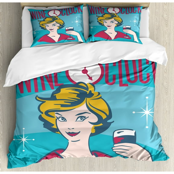 Wine Duvet Cover Set, Ladies It's Wine O'Clock Woman Drinking Portrait Cheers Retro Design, Decorative 3 Piece Bedding Set with 2 Pillow Shams, King Size, Magenta Blue Yellow, by Ambesonne