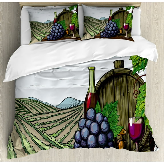 Wine Duvet Cover Set Queen Size, Landscape with Views of Vineyards Grapes Leaves Drink Barrel Agriculture Field Farm, Decorative 3 Piece Bedding Set with 2 Pillow Shams, Multicolor, by Ambesonne