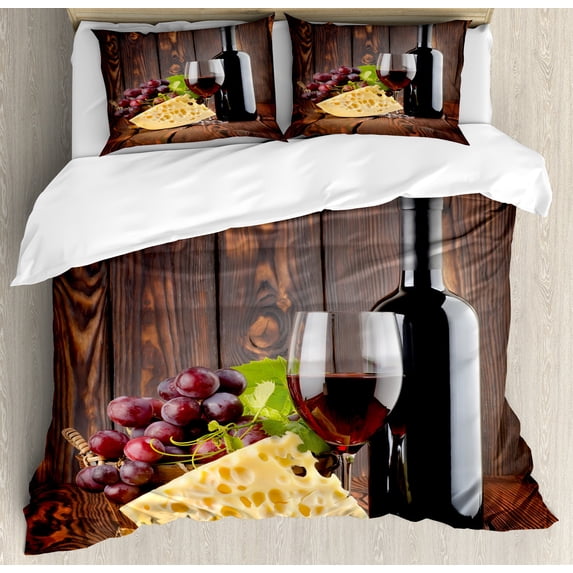 Wine Duvet Cover Set, Red Wine Cabernet Bottle and Glass Cheese and Grapes on Wood Planks Print, Decorative 3 Piece Bedding Set with 2 Pillow Shams, Queen Size, Brown Burgundy Cream, by Ambesonne