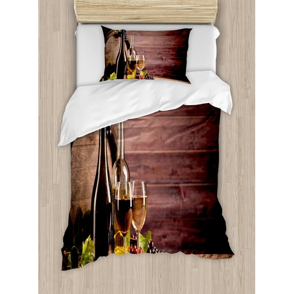 Wine Duvet Cover Set, Still Life of Wine with Wooden Keg Rustic Concept Tasting Viticulture, Decorative 2 Piece Bedding Set with 1 Pillow Shams, Twin Size, Brown Green Pale Brown, by Ambesonne