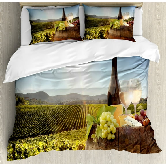 Wine Duvet Cover Set, White Drink Cask on Famous Vineyard in Chianti Tuscany Agriculture, Decorative 3 Piece Bedding Set with 2 Pillow Shams, King Size, Green Brown Pale Blue, by Ambesonne
