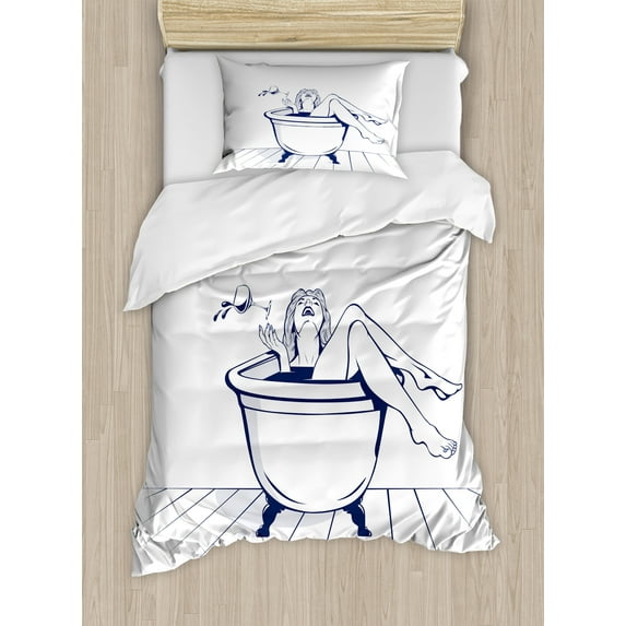 Wine Duvet Cover Set, Young Woman Relaxing on the Bathroom with Glass of Wine Drawing Art, Decorative 2 Piece Bedding Set with 1 Pillow Shams, Twin Size, Dark Blue Red White, by Ambesonne