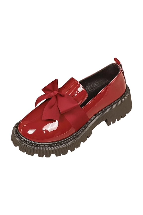 Wine Female Bow Patent Leather Flat Loafers For Fall And Winter Casual Shoes With Comfort Fit And Easy To Wear