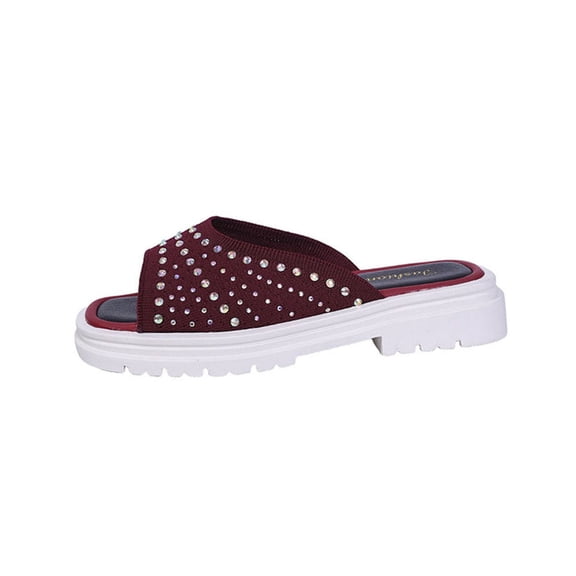 Wine Female Casual Slippers With Metal Accents And Round Toe Designed For Beach And Home Use In Spring Summer