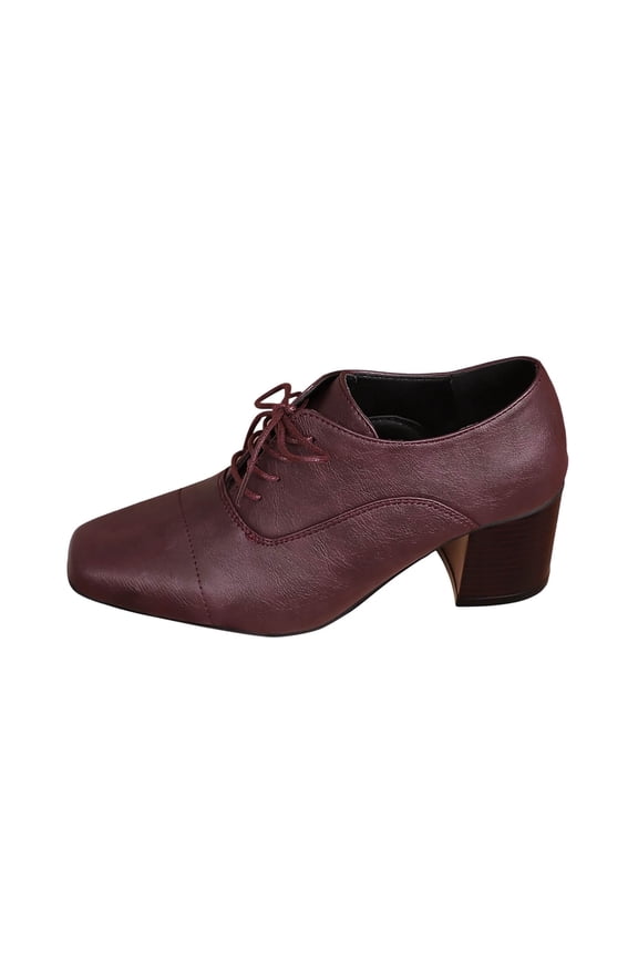 Wine Female Square Toe Lace Up Casual Shoes With Thick High Heel For Outdoor Indoor Four Season Activities Comfort Pu Leather