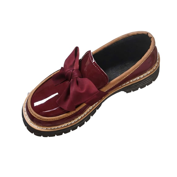 Wine Female Stylish Loafers With Accent Bow Thick Heel Wide Feet Friendly In Deep Red Color Versatile For Casual Outfits In Warm Months