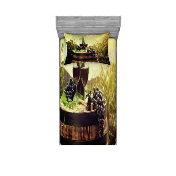 Wine Fitted Sheet & Pillow Sham Set, Scenic Tuscany Landscape with Cask Couple of Glasses and Ripe Grapes Growth, Decorative Printed 4 Piece Bedding Decor Set, Twinxl, Green Black Brown, by Ambesonne