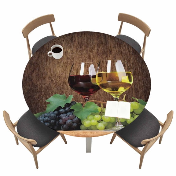 Wine Fitted Tablecloth with Elastic Edged, Round Table Cloth for Dining Table, Goblet Grapes Champagne Farmhouse Wooden Country Waterproof Oil Proof Table Cover for Indoor Outdoor 36"-44"