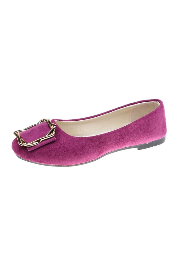 Wine Flat Shoes For Women With Metal Buckle Quilted Insole Roundtoe Soft Sole Pumps Solid Color Comfortable Casual Everyday Wear Size 37