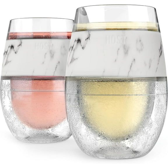 Wine Freeze Cup Set of 2 - Plastic Double Wall Insulated Cooling Freezable Drink Glasses with Freezing Gel, Glass Gift for Red and White Wine, 8.5 oz Marble