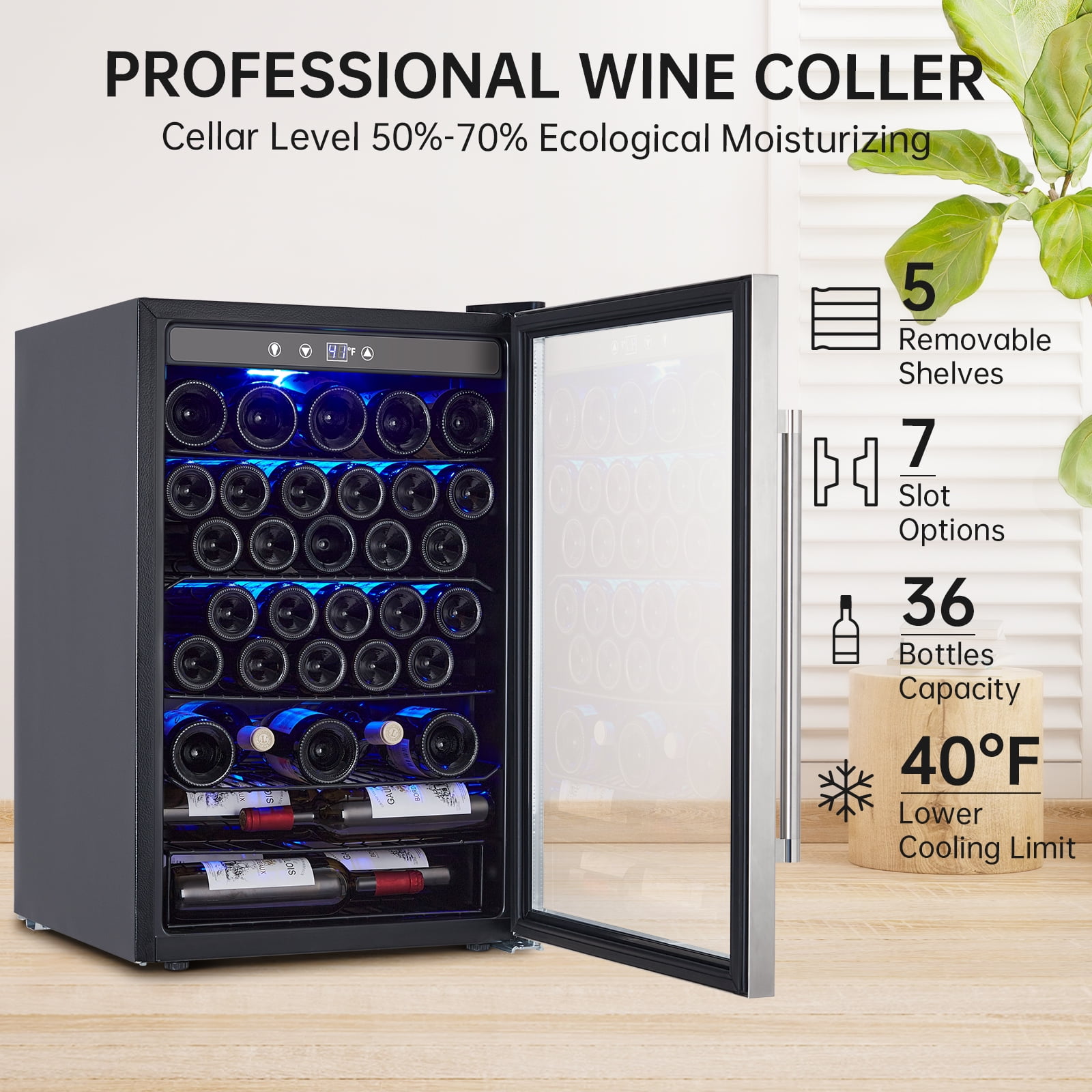 Wine Fridge, Wine Cooler Temperature Adjustment Range 4061°F with Triple Pane Clear Glass Door