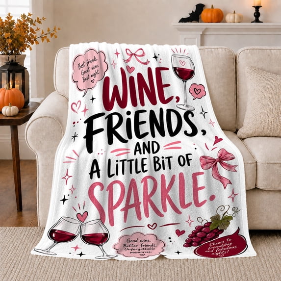 Wine Friends Sparkle Clinking Glasses Cheerful Feminine Art, Cozy Friendship Quote Scene, Warm Flannel Blanket for Living Room and Reading Nook, Art Lovers Friendship Gift, Artistic Home Decor