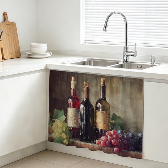 Wine Fruit Cabinet Curtains for Kitchen 10"W x 11"L, Green Purple Grape Oil Painting Pastoral Country Under Sink Skirt Magic Tape Short Curtain Decorative Privacy Panel for Bathroom Laundry