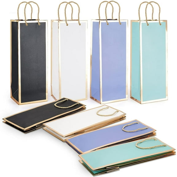 Wine Gift Bags 12 Pack - Reusable 4 Colors With Gold Foil Print Design with Soft Handles