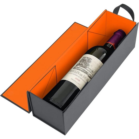 Wine Gift Box, 12.8x3.7x3.7 Inches Orange Wine Bottle Boxes With Handle for Liquor and Champagne Magnetic Closure Collapsible Gift Box for Party, Wedding, Gift Wrap, Storage