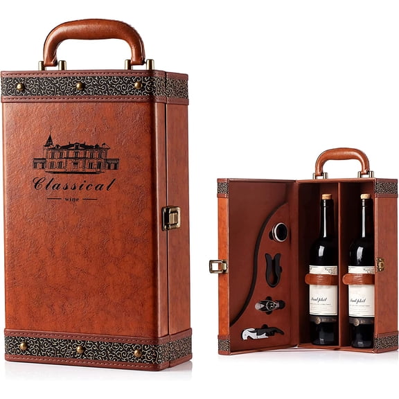 Wine Gift Box with 4 Accessories Set,Portable Two Bottle Carrier Case for Chrisas,Wedding, Anniversary, Party,Vinta Leather Stora Home Bar Decor and Collection