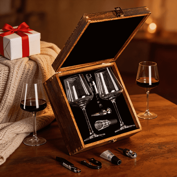 Wine Gift Set with 2 Crystal Wine Glasses (14oz), Professional Wine Opener Kit in Handmade Rustic Wooden Box - Luxury Wine Accessories Anniversary, Wedding, Birthday Gift for Men & Women