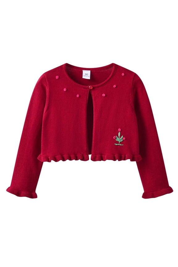 Wine Girls Cropped Knit Cardigan Long Sleeve Ruffled Floral Bolero Sweater for Little Girls,Size 3-4T