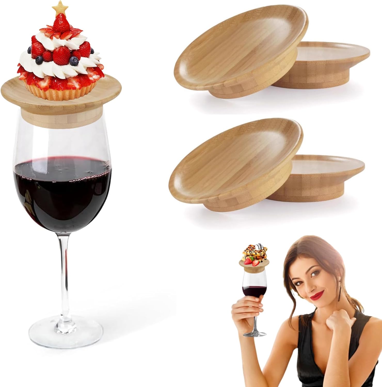 Bamboo Wine Glass Charcuterie Topper (Set Of 4) - Appetizer Plate For Glass, Prevents Red Wine Splashes - View #10