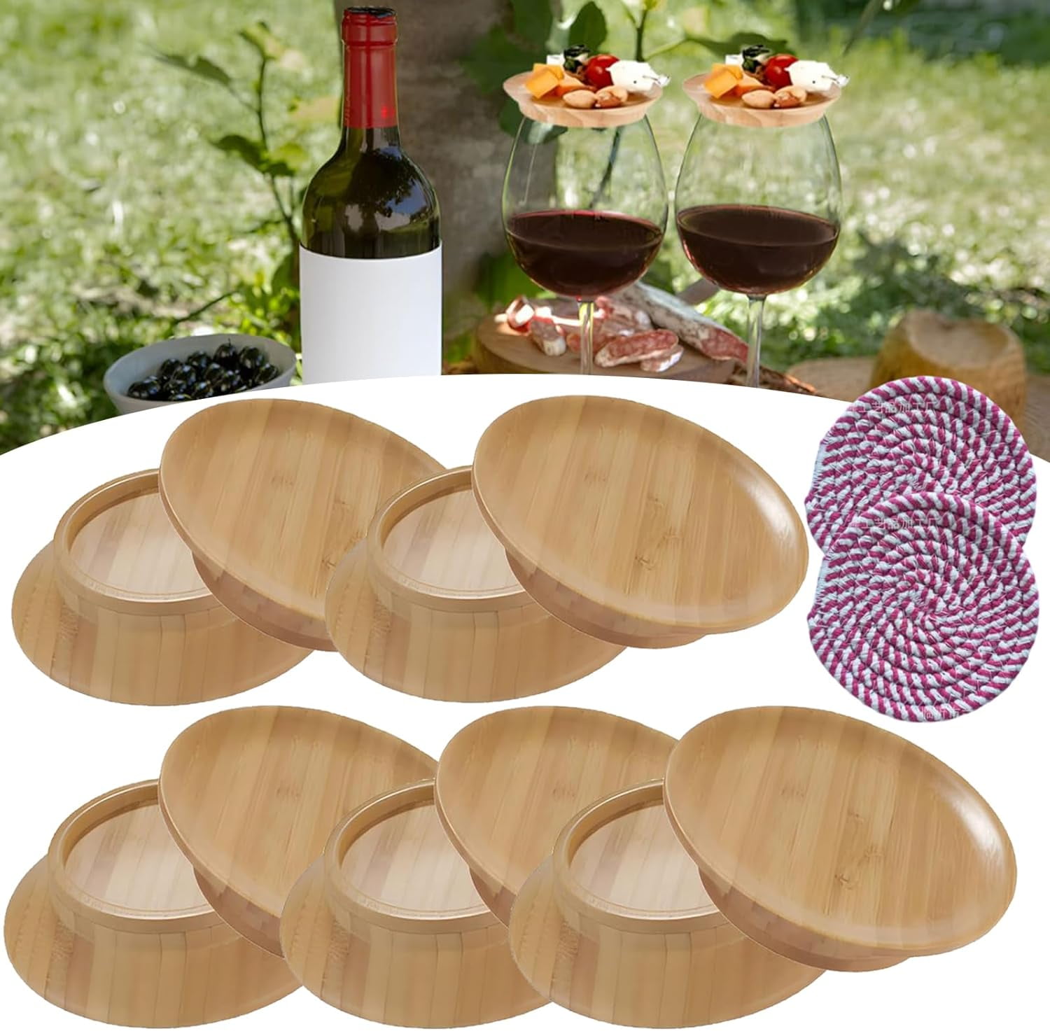 Tioncy Bamboo Wine Glass Charcuterie Toppers - Set Of 4, Appetizer Plate &  Glass Cover For Parties Party Snack Plate For Glass Rim