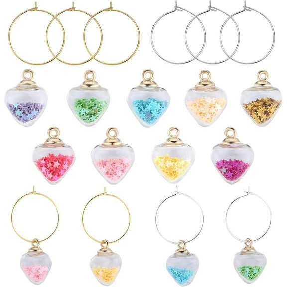 Wine Glass Charm Set with 18Pcs Heart Glass Pendants with Sequin Inside and 20Pcs Brass Wine Glass Charm Rings Mixed Color 24x18x11mm Hole: 2mm