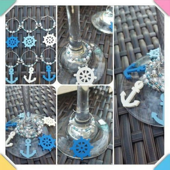 Wine Glass Drink Charms Markers Nautical Sea Wood Handmade Set of 6