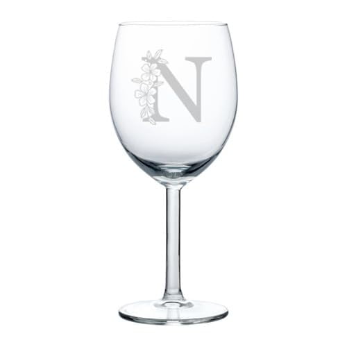 Wine Glass Goblet Gift Floral Monogram Letters (10 oz) (N)