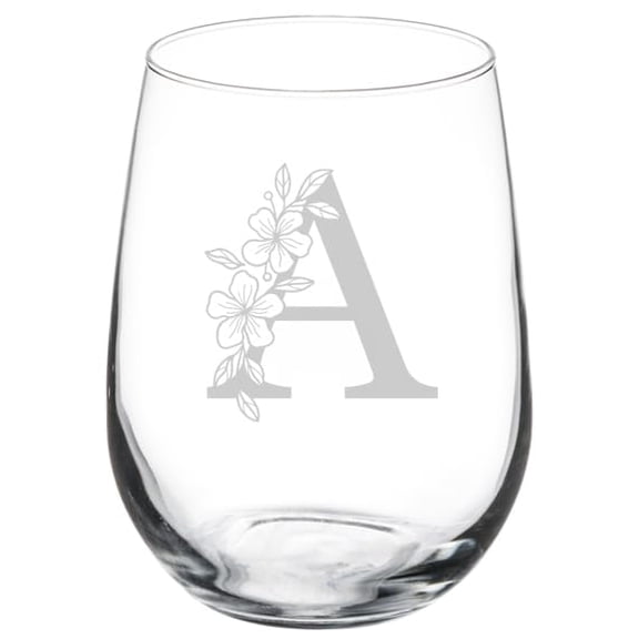 Wine Glass Goblet Gift Floral Monogram Letters (17 oz Stemless) (A)