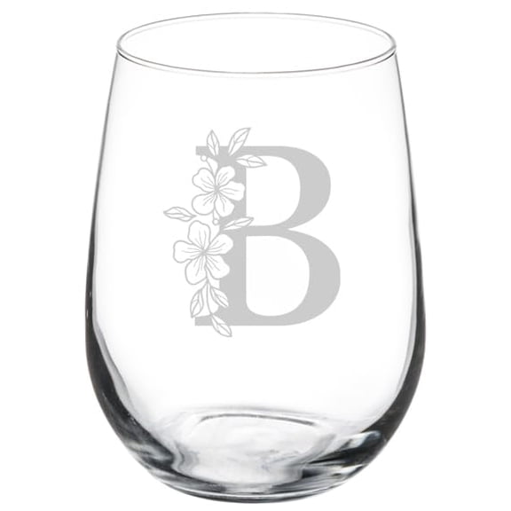 Wine Glass Goblet Gift Floral Monogram Letters (17 oz Stemless) (B)
