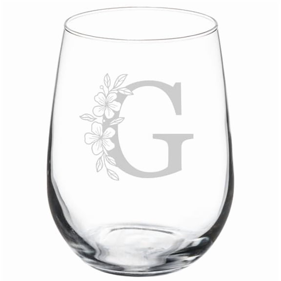 Wine Glass Goblet Gift Floral Monogram Letters (17 oz Stemless) (G)