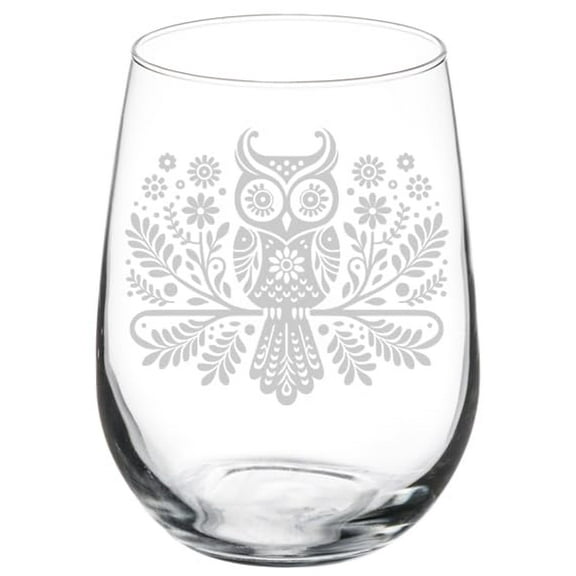 Wine Glass Goblet Gift Folk Art Owl (17 oz Stemless)