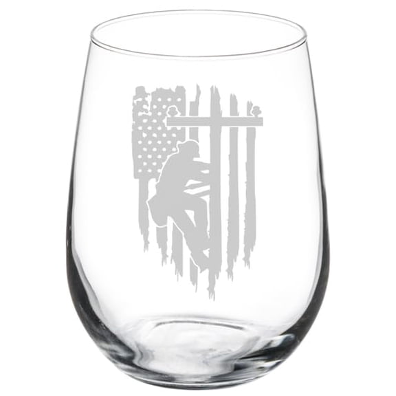 Wine Glass Goblet Gift Lineman American Flag (17 oz Stemless)