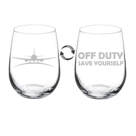 Wine Glass Goblet Two Sided Airplane Pilot Flight Attendant Off Duty Save Yourself