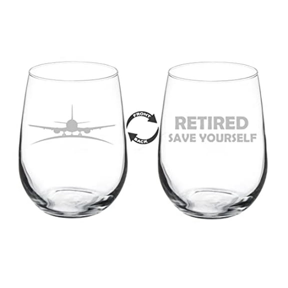 Wine Glass Goblet Two Sided Retirement Gift Airplane Pilot Flight Attendant Retired Save Yourself (17 oz Stemless)