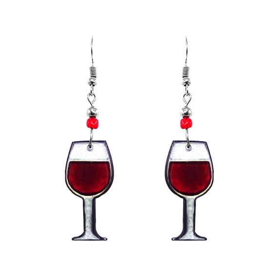 Wine Glass Graphic Dangle Earrings - Womens Happy Hour Fashion Handmade Jewelry Adult Accessories