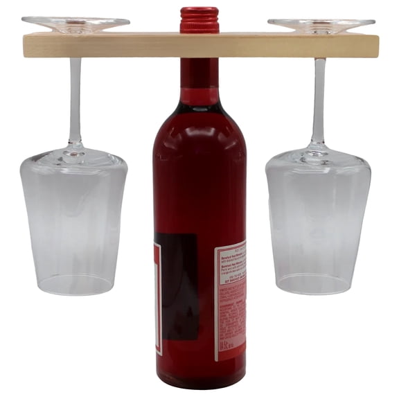Wine & Glass Holder - Countertop or Shelf Storage Rack for 2 Glasses & Bottle, Decorative Holiday or Housewarming Gift, Solid Maple, 10 Inch x 3.5 Inch