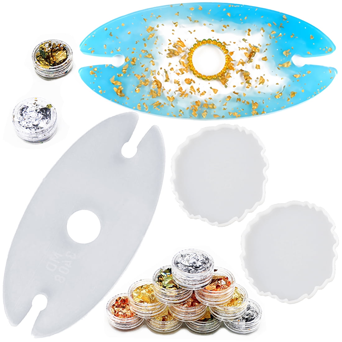 Wine Glass Holder Resin Silicone Mold With 2 Pcs Coaster Molds and 12 Pcs Gold Silver Copper Foil Flakes Epoxy Mould for Nail DIY Crafts Bar Decoration