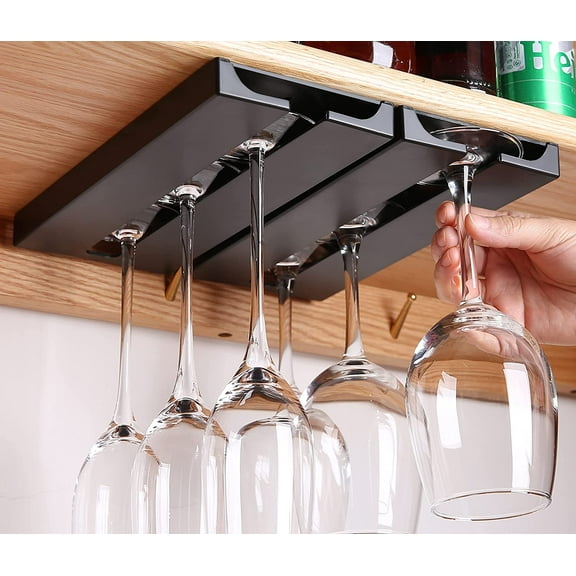 Wine Glass Holder Under Shelf Cabinet Wine Glass Rack Plastic Stemware Rack Glassware Drying Storage Hanger for Kitchen,Bar and Restaurant (Black-2Pack)