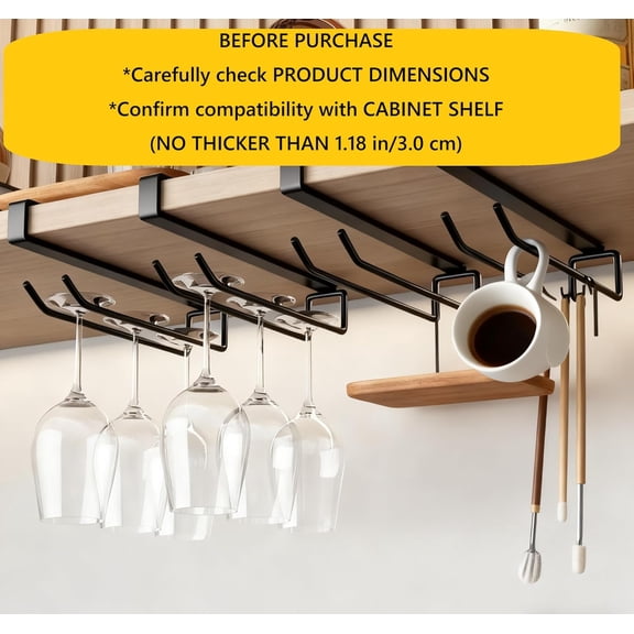 Wine Glass Holder Under Cabinet 2PCS, Stemware Rack Hanger Under Cabinet Wine Glass Rack Kitchen Hanging Storage Rack Organizer, Black