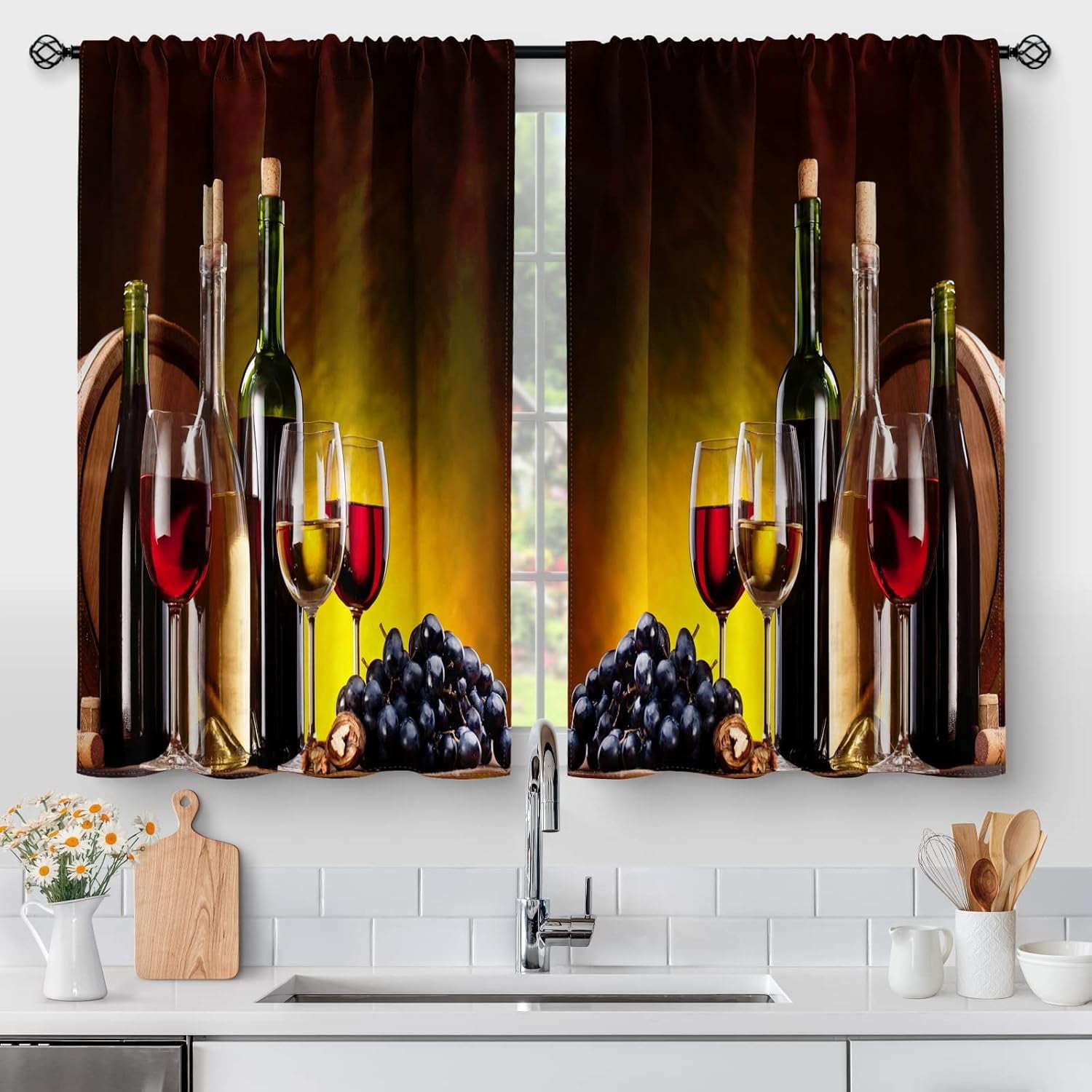 Wine Glass Kitchen Curtains - Rustic Vintage Farmhouse Short Cafe ...