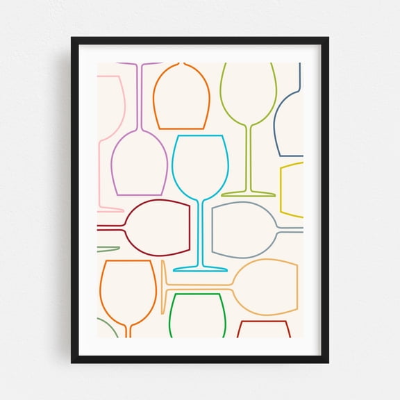 Wine Glass Line Art Color on Cream - Digital Art Line Art Modern Art Pattern Minimalist Geometric Pop Art Kitchen Decor Black Framed Wall Art Print 11 x 14 inches