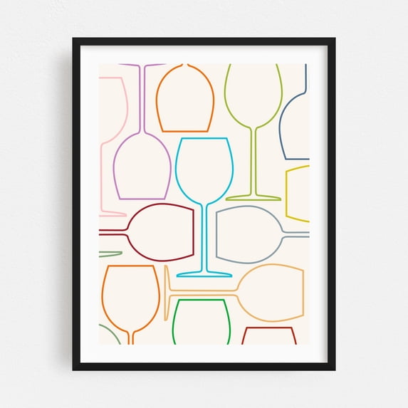 Wine Glass Line Art Color on Cream - Digital Art Line Art Modern Art Pattern Minimalist Geometric Pop Art Kitchen Decor Black Framed Wall Art Print 18 x 24 inches