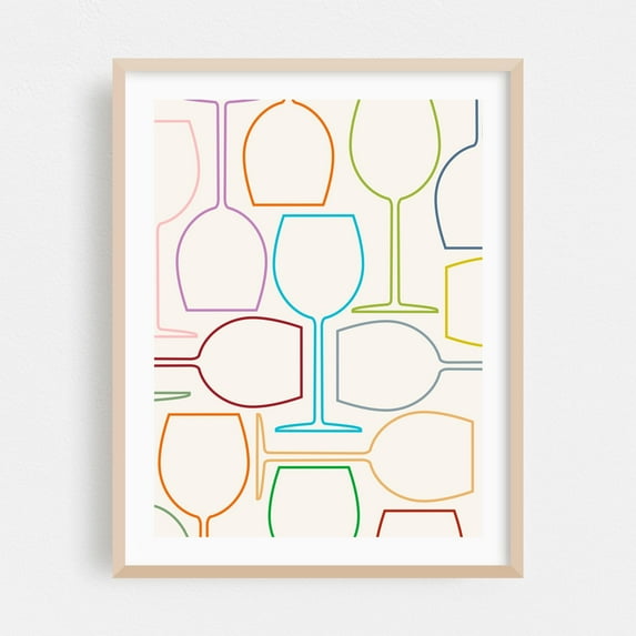 Wine Glass Line Art Color on Cream - Digital Art Line Art Modern Art Pattern Minimalist Geometric Pop Art Kitchen Decor Oak Framed Wall Art Print 5 x 7 inches
